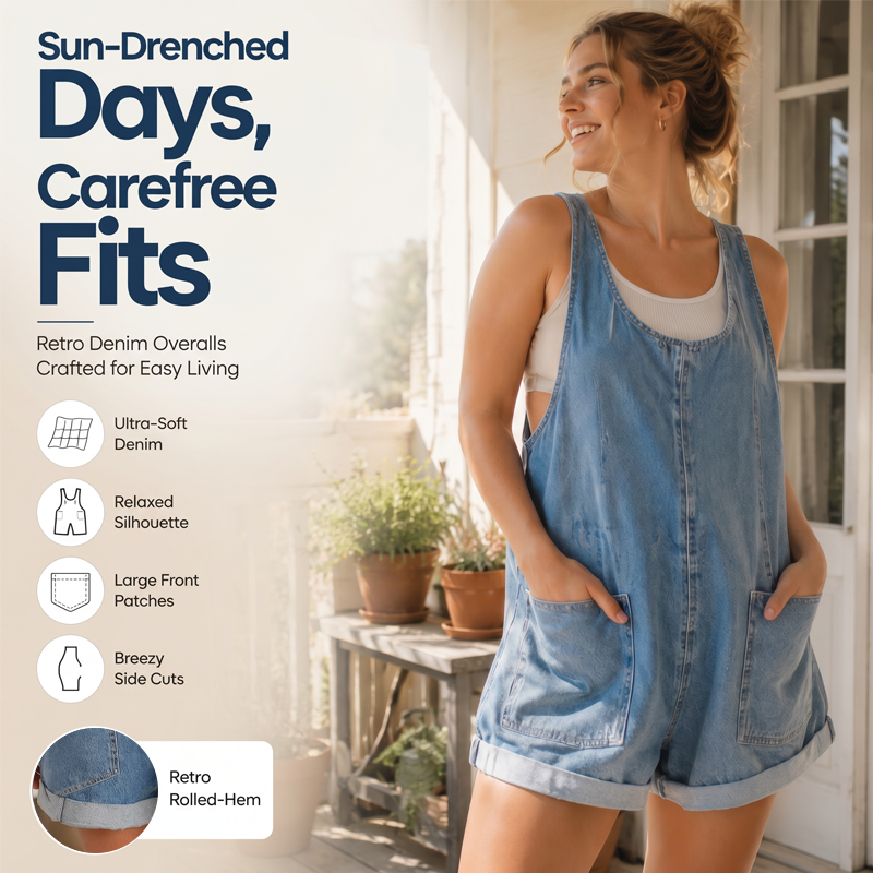 Løse, korte sommer-denimjumpsuit for dame