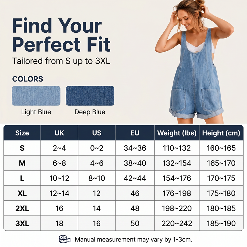 Løse, korte sommer-denimjumpsuit for dame