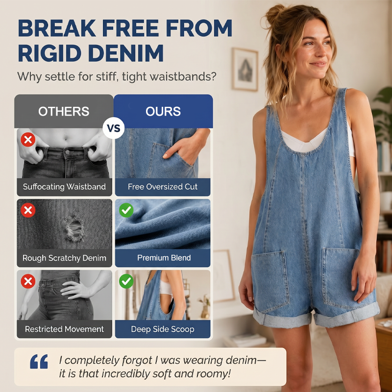 Løse, korte sommer-denimjumpsuit for dame