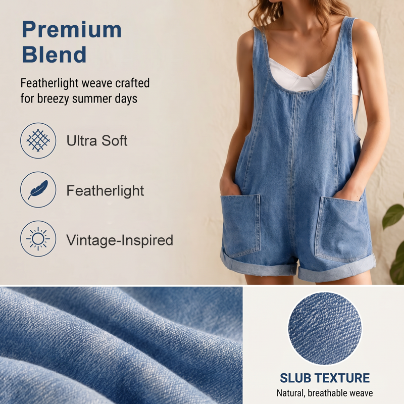 Løse, korte sommer-denimjumpsuit for dame