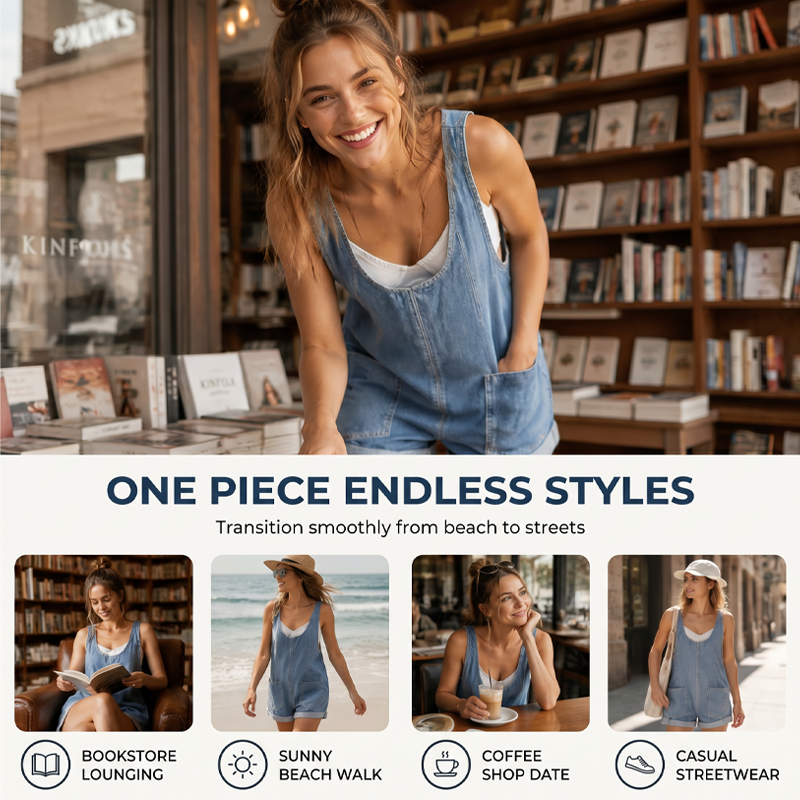 Løse, korte sommer-denimjumpsuit for dame