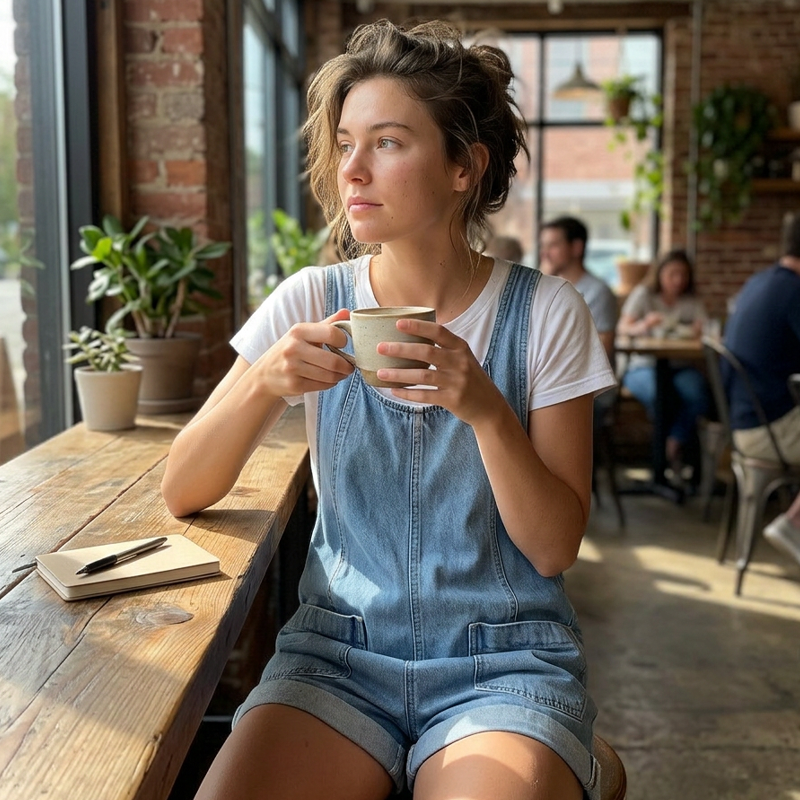 Løse, korte sommer-denimjumpsuit for dame