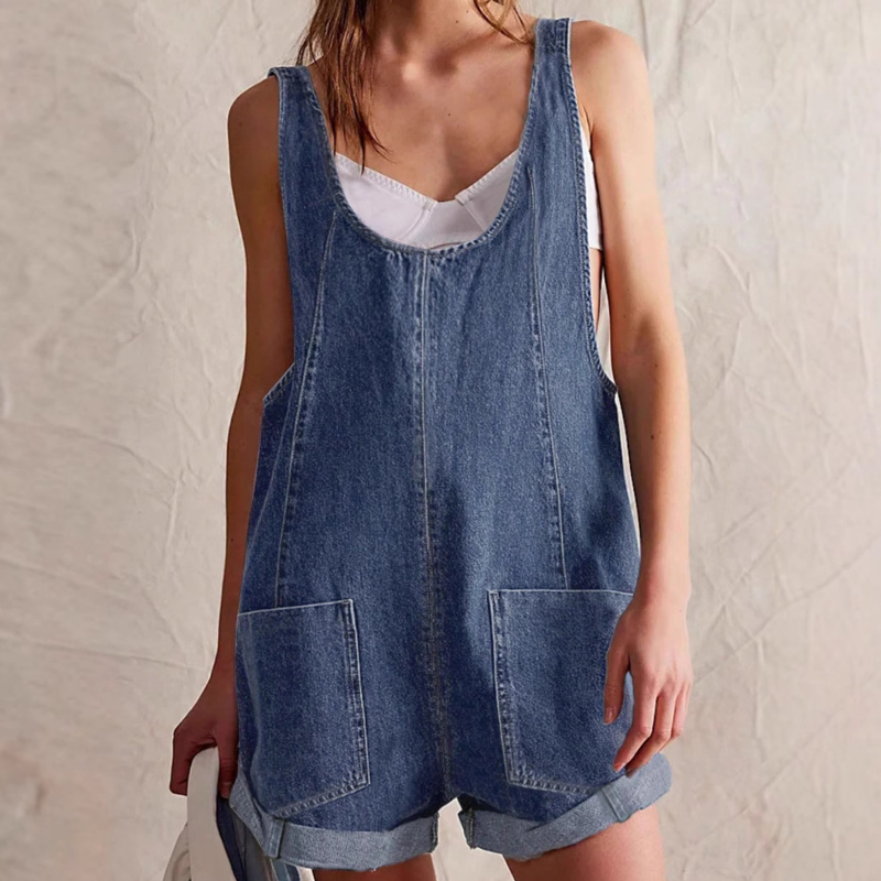 Løse, korte sommer-denimjumpsuit for dame