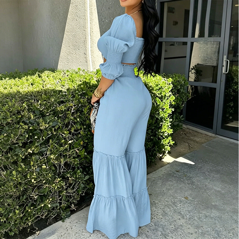 Completo crop top e pantaloni a balze