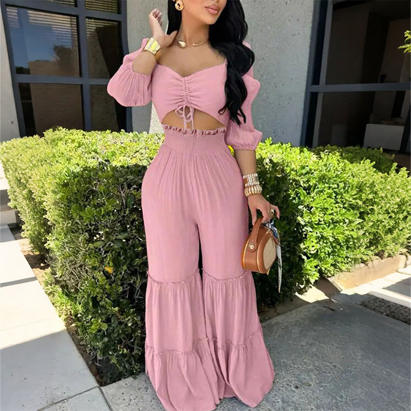 Completo crop top e pantaloni a balze