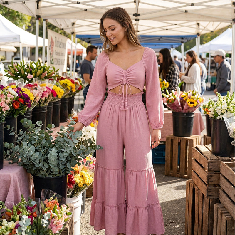 Completo crop top e pantaloni a balze