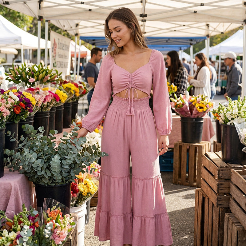 Completo crop top e pantaloni a balze