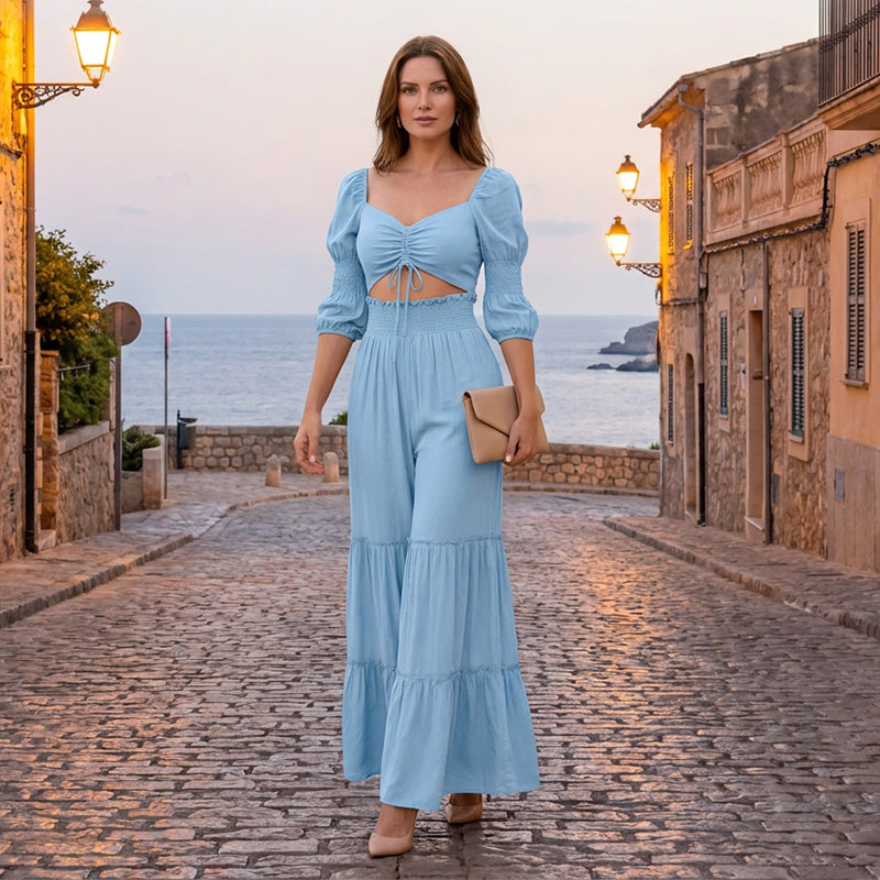 Completo crop top e pantaloni a balze