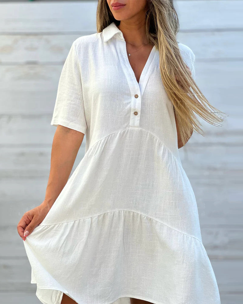 Vestido abotonado liso de algodón y lino