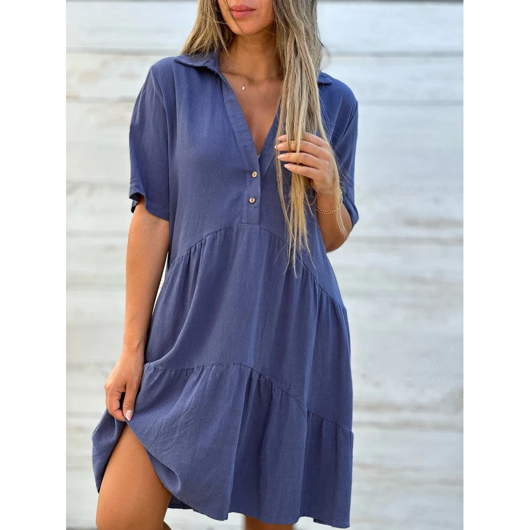 Vestido abotonado liso de algodón y lino