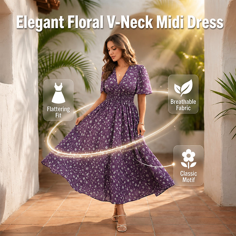 Vestido midi elegante con estampado floral y cuello en V para mujer