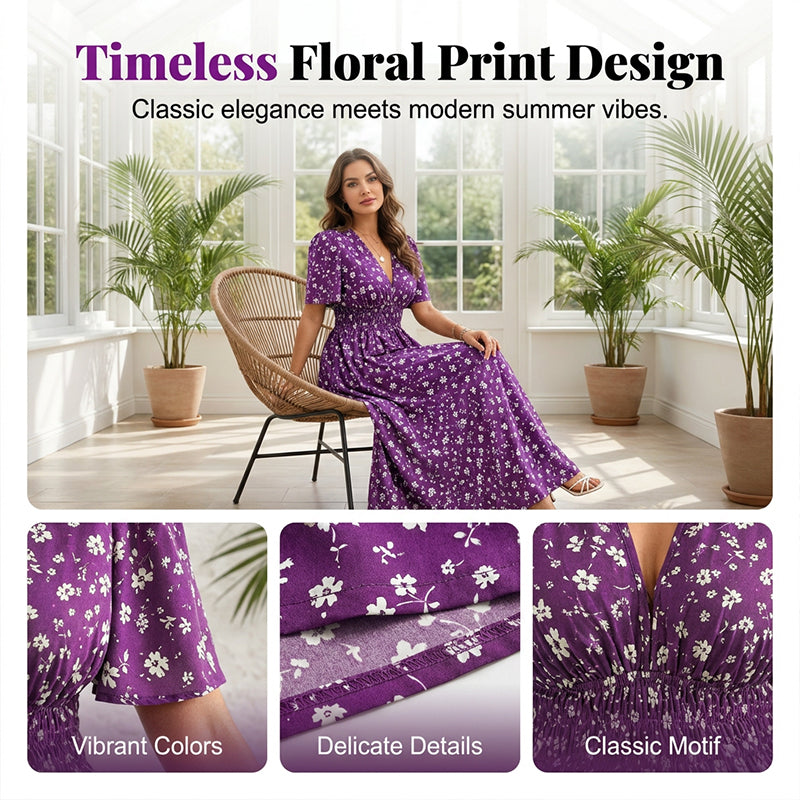 Vestido midi elegante con estampado floral y cuello en V para mujer