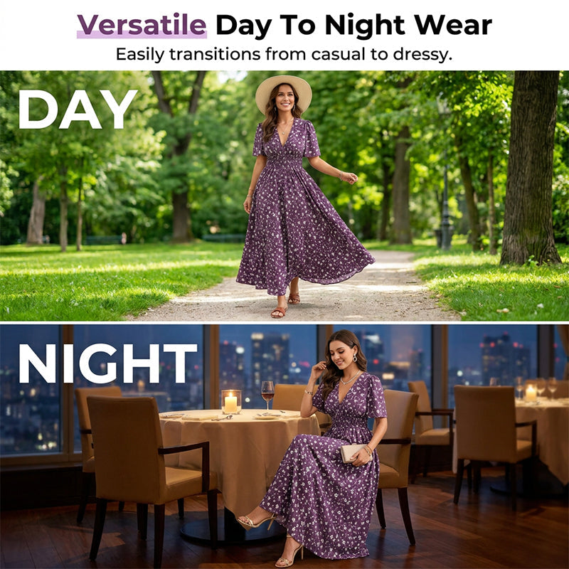 Vestido midi elegante con estampado floral y cuello en V para mujer