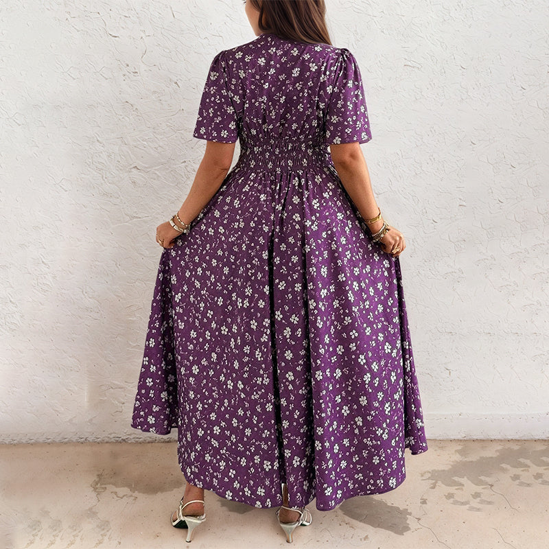 Vestido midi elegante con estampado floral y cuello en V para mujer