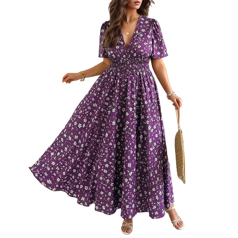 Vestido midi elegante con estampado floral y cuello en V para mujer