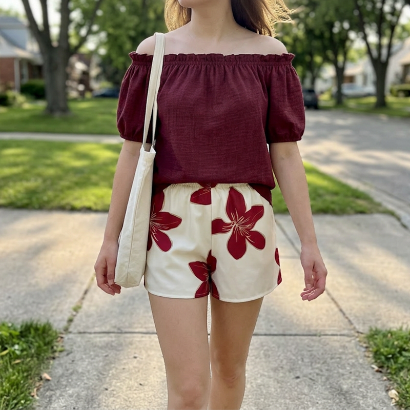Sett med off-shoulder-topp og blomstrete shorts