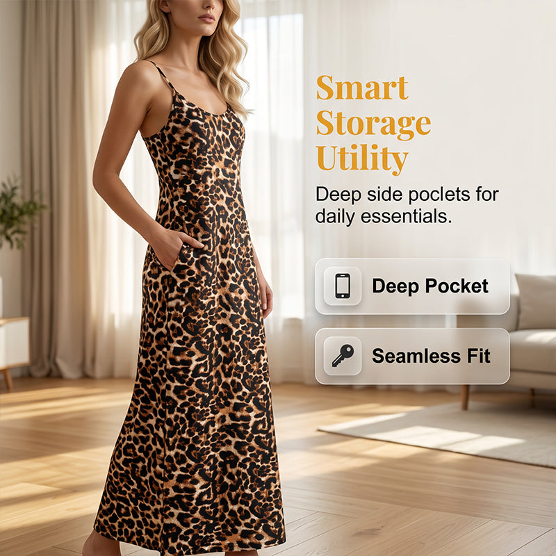 Abito lungo con spalline sottili e stampa leopardata