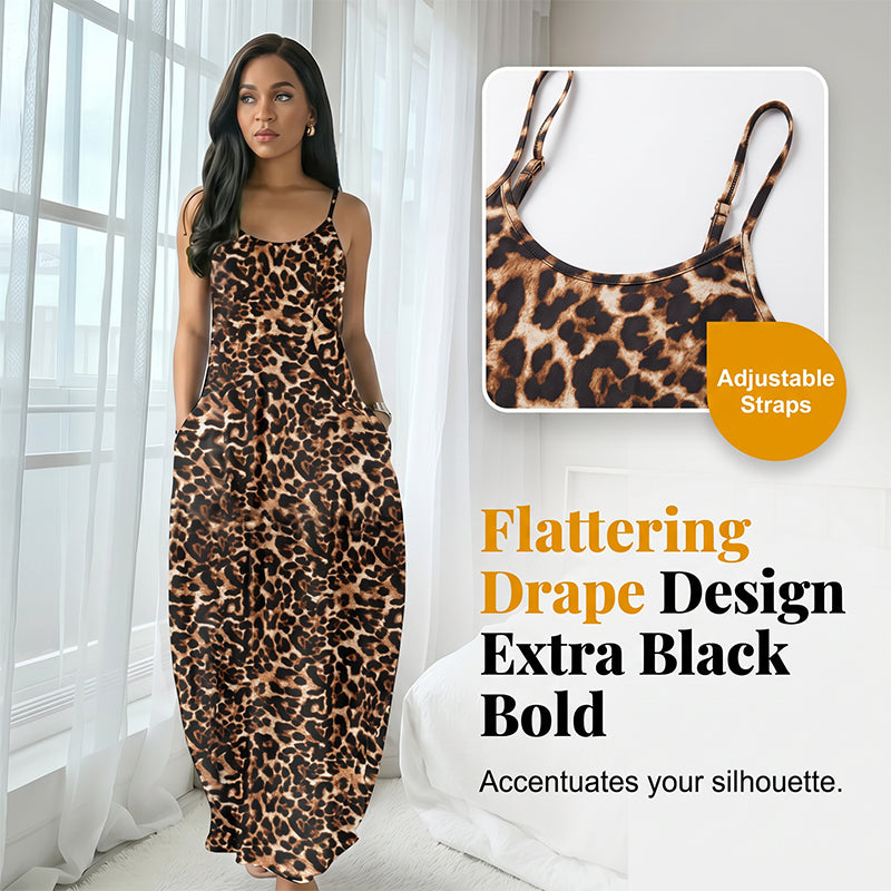 Abito lungo con spalline sottili e stampa leopardata