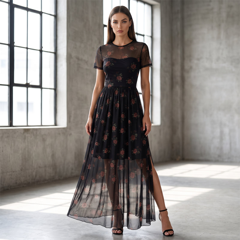 Abito lungo floreale in maglia da donna