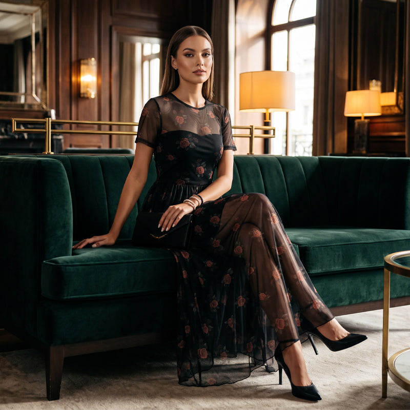 Abito lungo floreale in maglia da donna