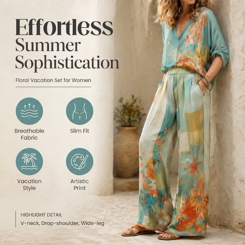 Conjunt de top amb estampat artístic i coll en V i pantalons amples