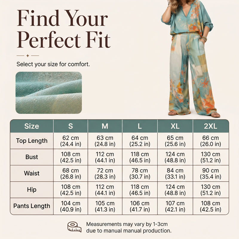 Conjunt de top amb estampat artístic i coll en V i pantalons amples