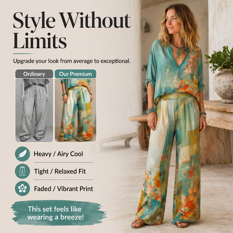 Conjunt de top amb estampat artístic i coll en V i pantalons amples