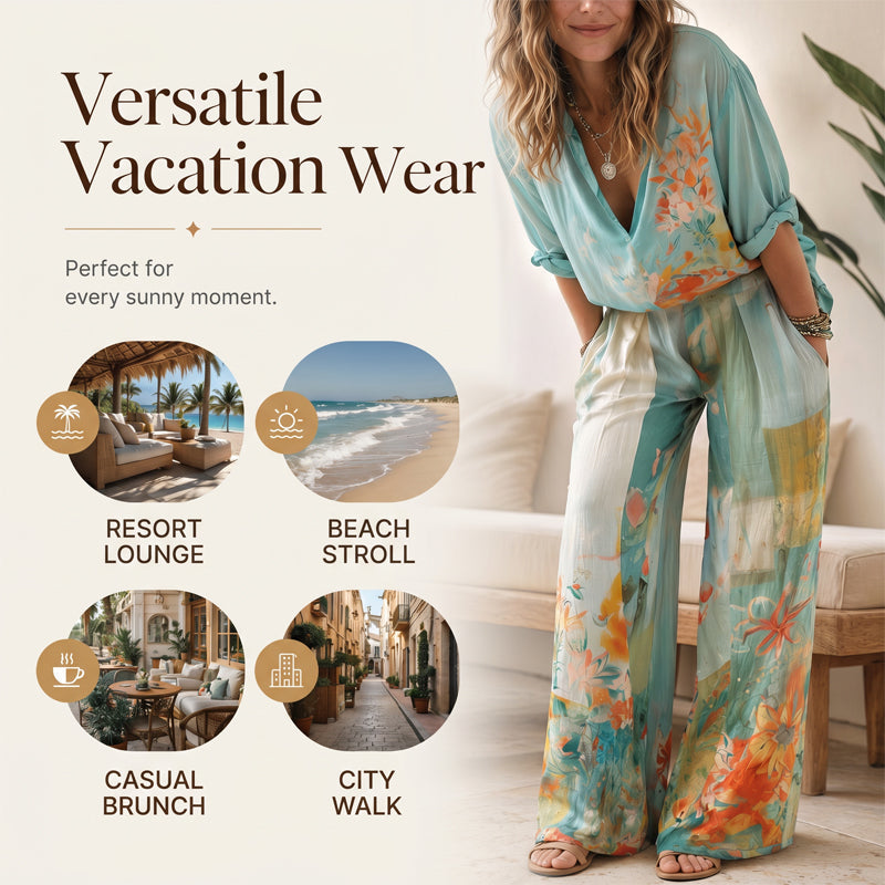 Conjunt de top amb estampat artístic i coll en V i pantalons amples