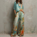 Conjunt de top amb estampat artístic i coll en V i pantalons amples