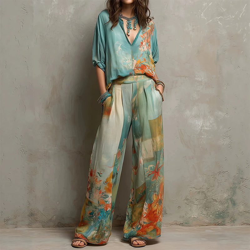 Conjunt de top amb estampat artístic i coll en V i pantalons amples