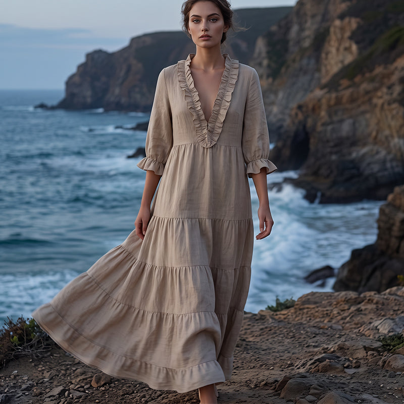 Vestit maxi d'escarapel·les amb coll en V per a dona