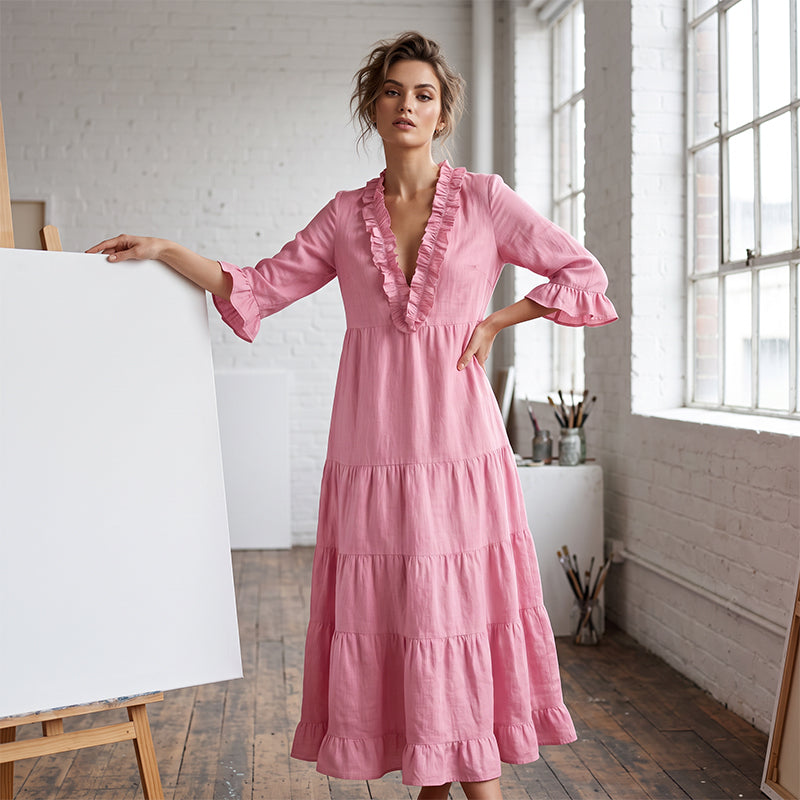 Vestit maxi d'escarapel·les amb coll en V per a dona