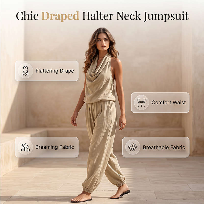 Mono de mujer con cuello halter y pernera ancha