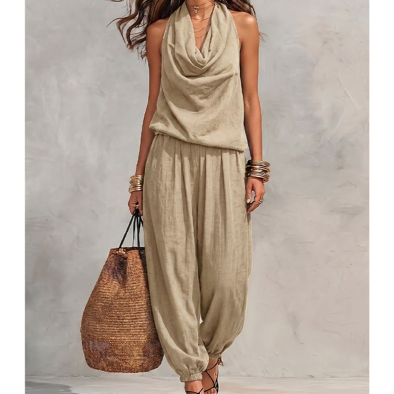 Dame jumpsuit med halterneck og vide ben