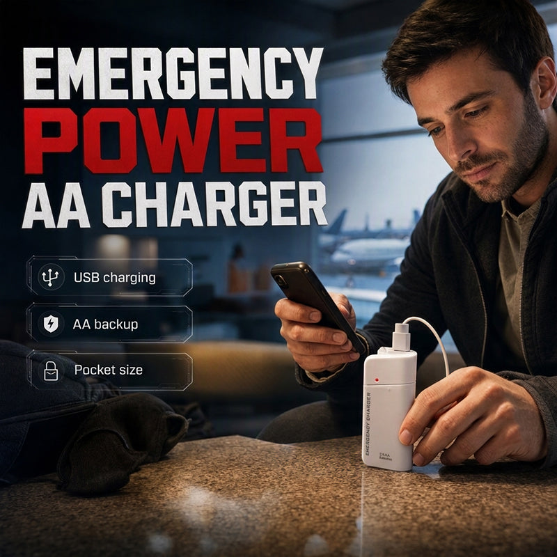 Bærbar nødlader med AA-batterier og LED-lampe