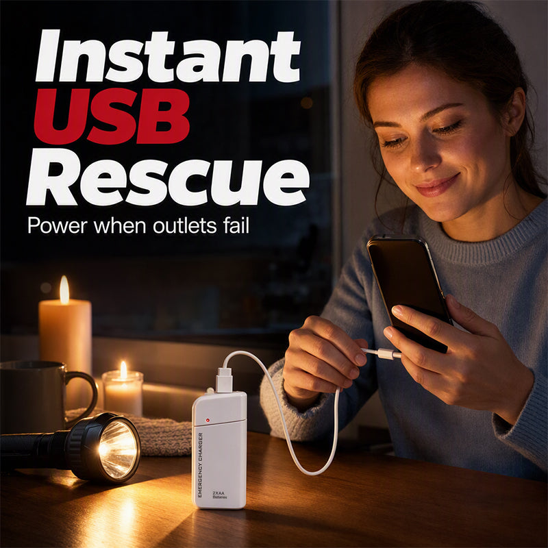 Bærbar nødlader med AA-batterier og LED-lampe