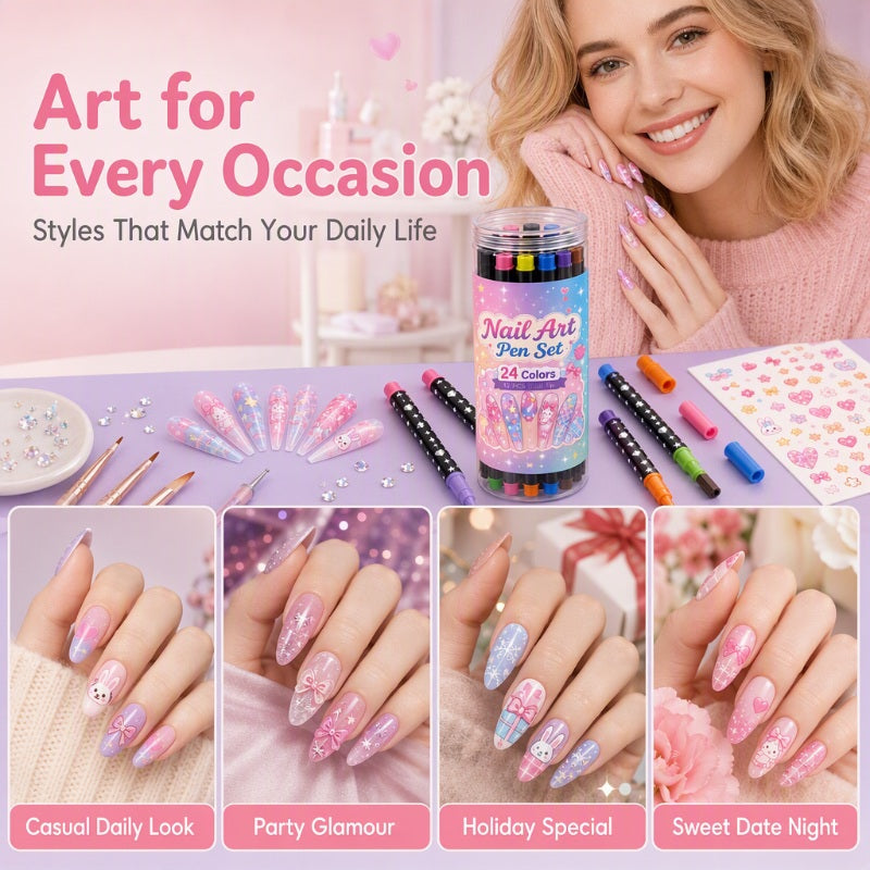 Sett med 12 nail art-tusjer med dobbel tupp – 24 farger