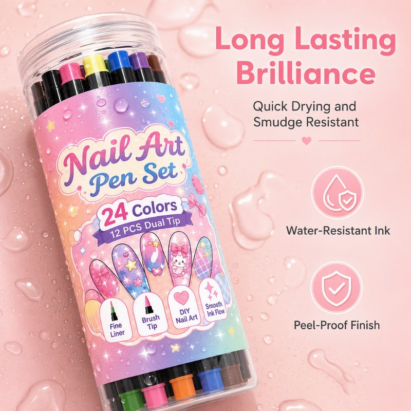 Sett med 12 nail art-tusjer med dobbel tupp – 24 farger