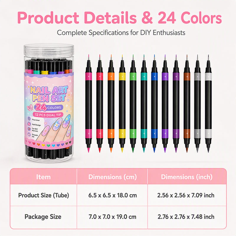 Sett med 12 nail art-tusjer med dobbel tupp – 24 farger