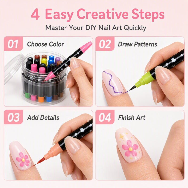 Sett med 12 nail art-tusjer med dobbel tupp – 24 farger