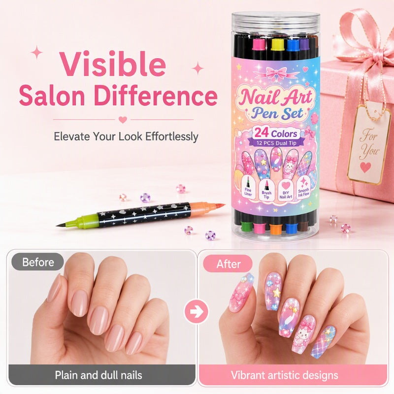 Sett med 12 nail art-tusjer med dobbel tupp – 24 farger
