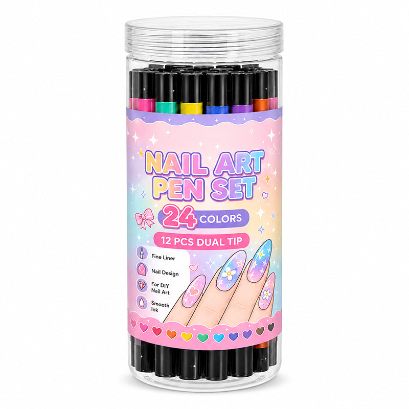 Sett med 12 nail art-tusjer med dobbel tupp – 24 farger