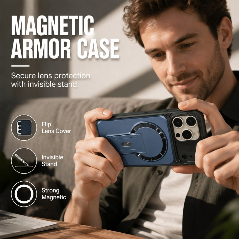 📱✨ Cover Magnetica con Protezione Pieghevole dell'Obiettivo e Supporto Invisibile – PC Opaco Premium, Potente Anello Magnetico, Design Sottile ed Elegante
