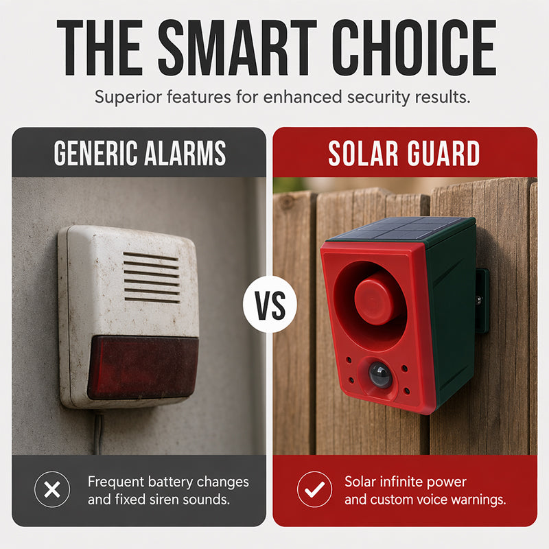 ☀️🚨 Luz de Alarma Solar de Seguridad – Sensor IR de Alta Sensibilidad, Altavoz de Alto Volumen, Grabación de Voz Personalizada, ABS Resistente – Para Exteriores 🏠🔔