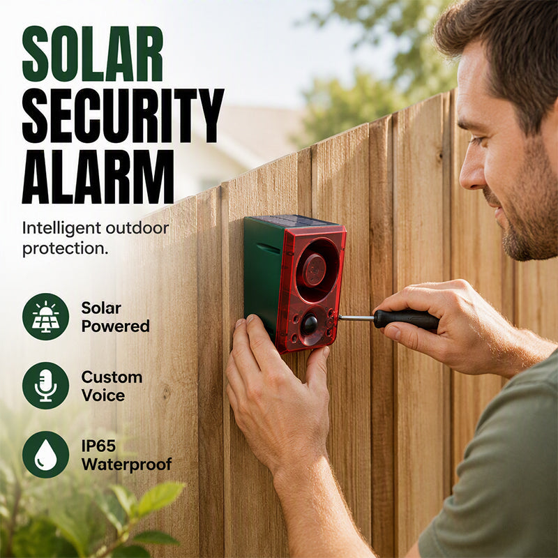 ☀️🚨 Luz de Alarma Solar de Seguridad – Sensor IR de Alta Sensibilidad, Altavoz de Alto Volumen, Grabación de Voz Personalizada, ABS Resistente – Para Exteriores 🏠🔔