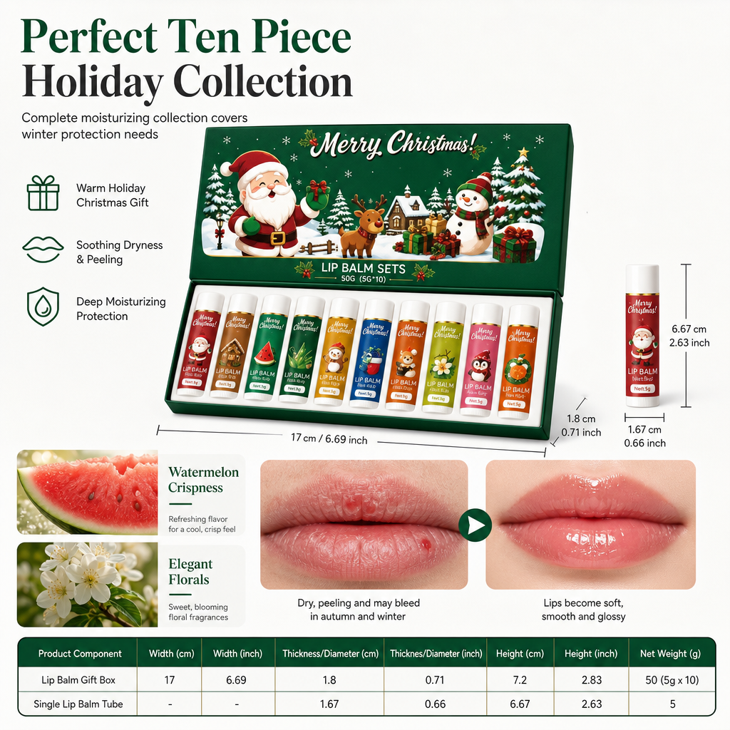 🎄 ¡50% DE DESCUENTO! Set de 10 Bálsamos Labiales Navideños