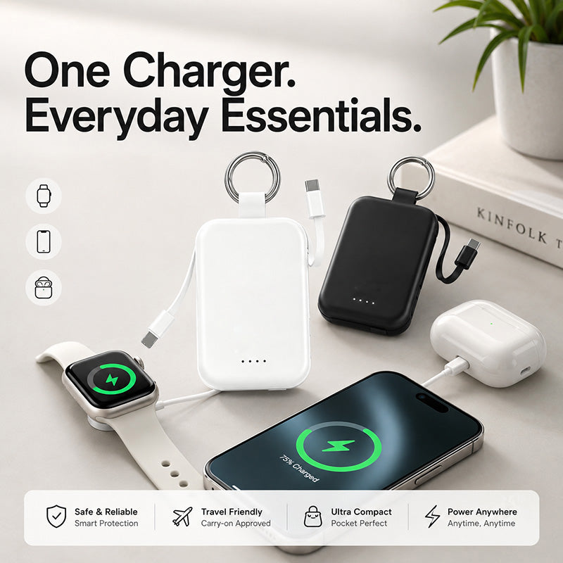 Ekstern 3-i-1 nøkkelbrikke-batteribank 2000 mAh
