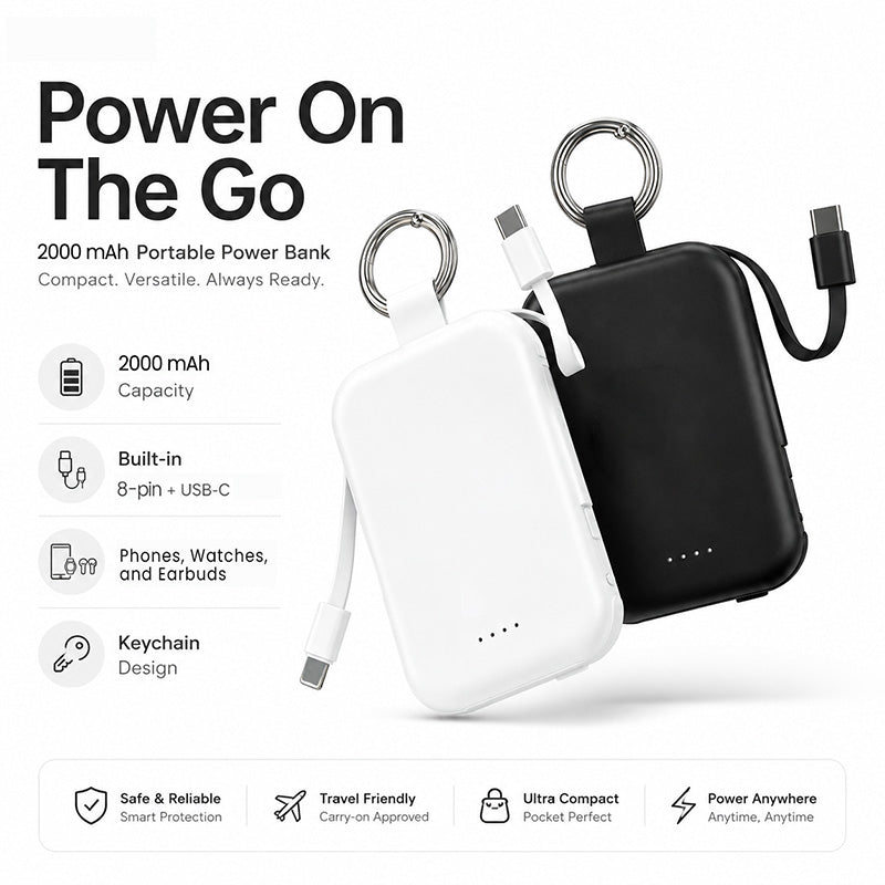 Ekstern 3-i-1 nøkkelbrikke-batteribank 2000 mAh