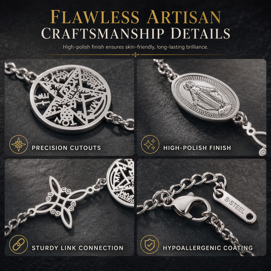 Bracelet réglable en acier à pendentifs croix, pentagramme et nœud
