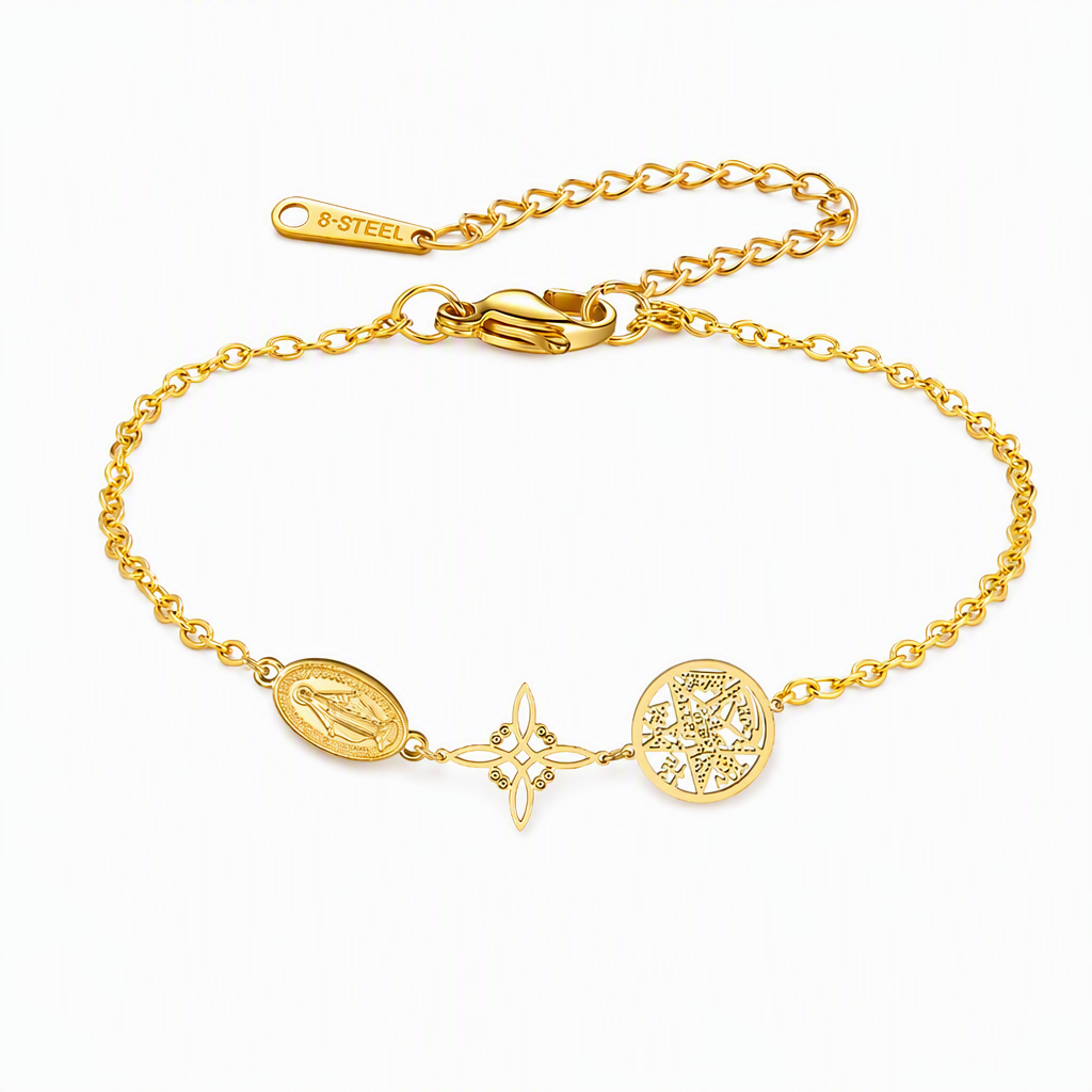 Polsera ajustable d'acer amb pendents de creu, pentagrama i nus